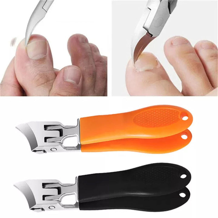 Ergonomisk antistänk nagelklippare i rostfritt stål med bred käköppning och snedställd skäregg, bekvämt handtag.