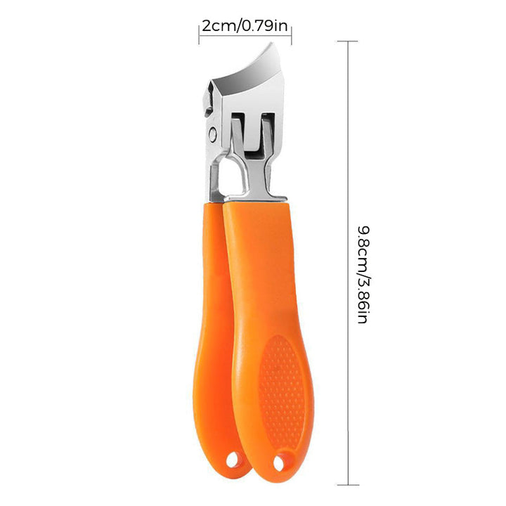 Ergonomisk antistänk nagelklippare i rostfritt stål med bred käköppning och snedställd skäregg, bekvämt handtag.