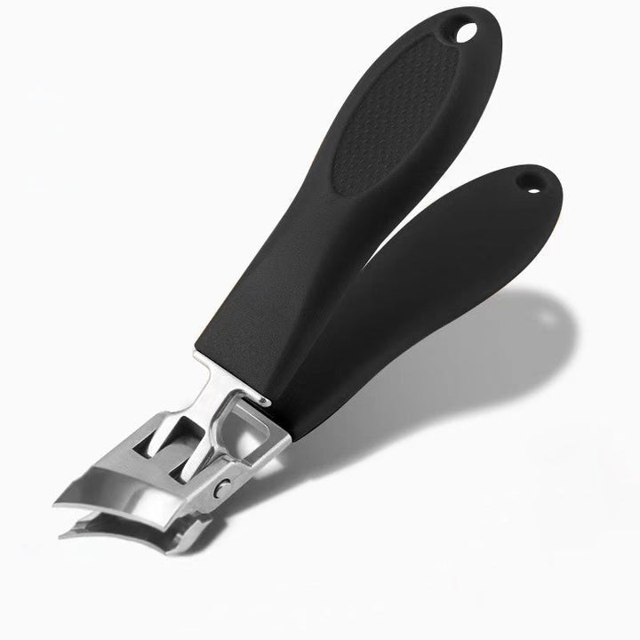 Ergonomisk antistänk nagelklippare i rostfritt stål med bred käköppning och snedställd skäregg, bekvämt handtag.