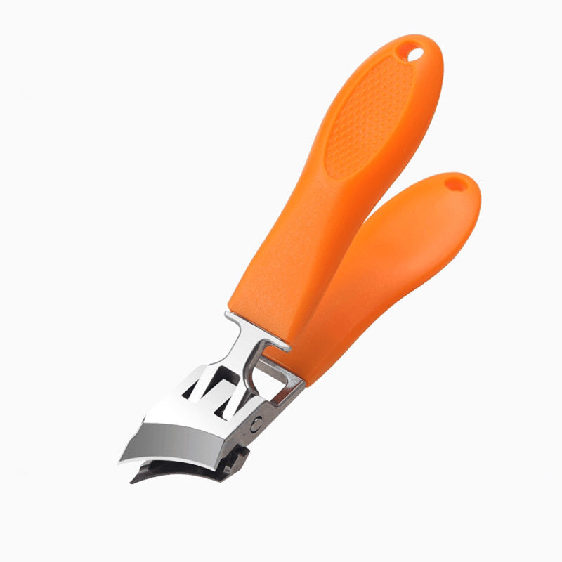 Ergonomisk antistänk nagelklippare i rostfritt stål med bred käköppning och snedställd skäregg, bekvämt handtag.
