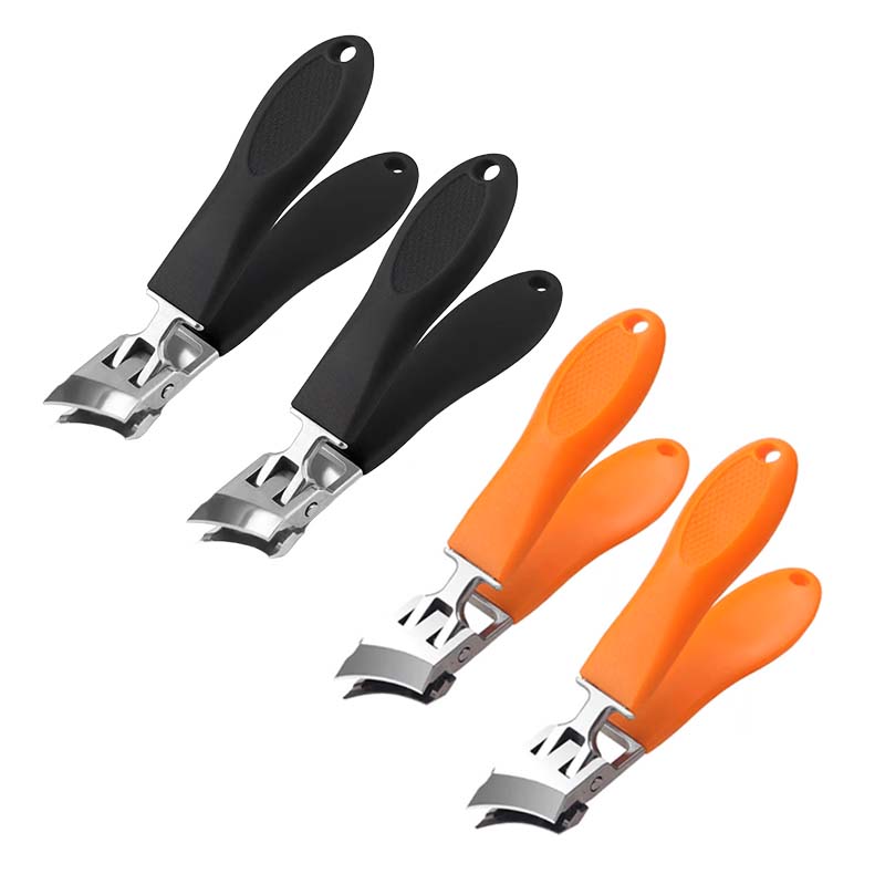 Ergonomisk antistänk nagelklippare i rostfritt stål med bred käköppning och snedställd skäregg, bekvämt handtag.