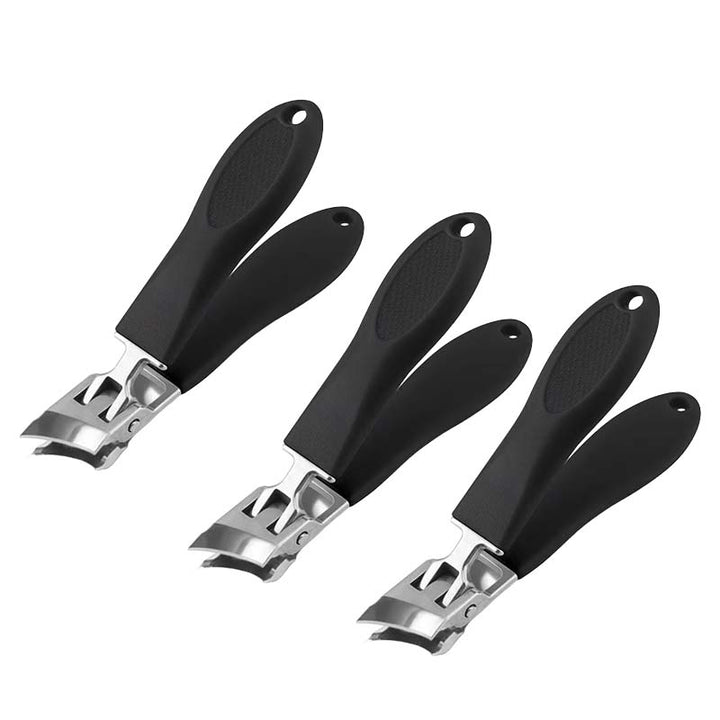 Ergonomisk antistänk nagelklippare i rostfritt stål med bred käköppning och snedställd skäregg, bekvämt handtag.