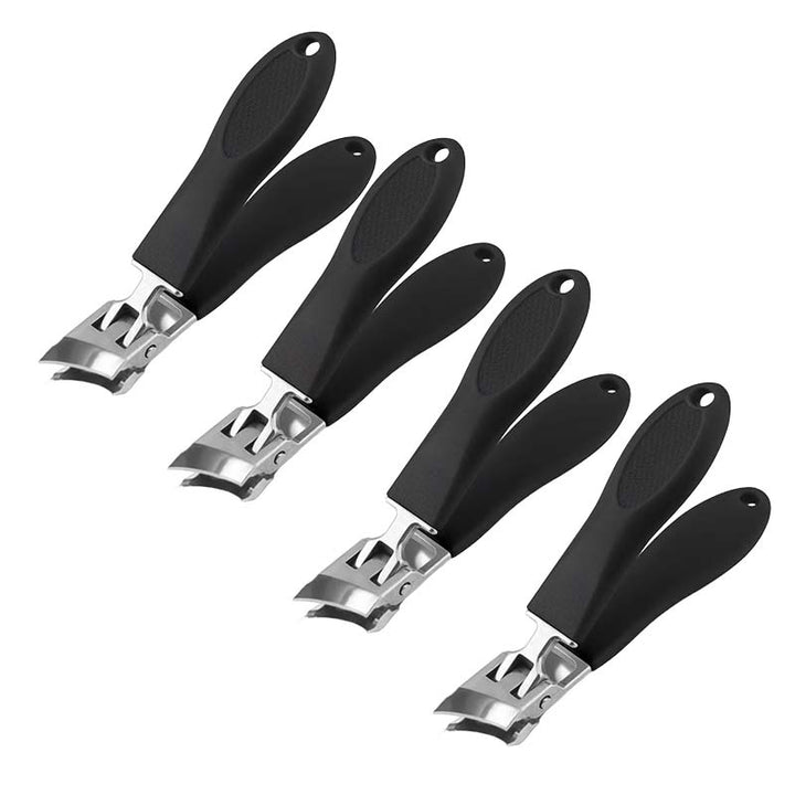 Ergonomisk antistänk nagelklippare i rostfritt stål med bred käköppning och snedställd skäregg, bekvämt handtag.