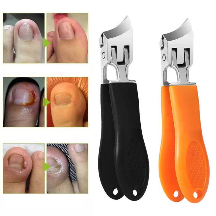 Ergonomisk antistänk nagelklippare i rostfritt stål med bred käköppning och snedställd skäregg, bekvämt handtag.