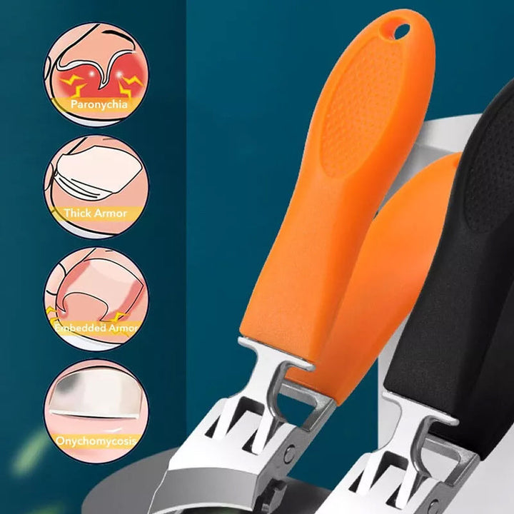 Ergonomisk antistänk nagelklippare i rostfritt stål med bred käköppning och snedställd skäregg, bekvämt handtag.