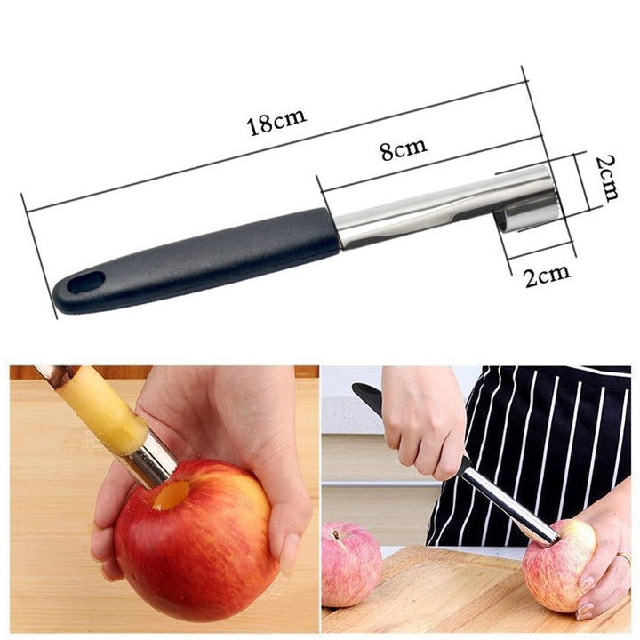 "Ergonomisk äpple corer i rostfritt stål med svart handtag, idealisk för kärning av frukt. Lätt att använda och rengöra."