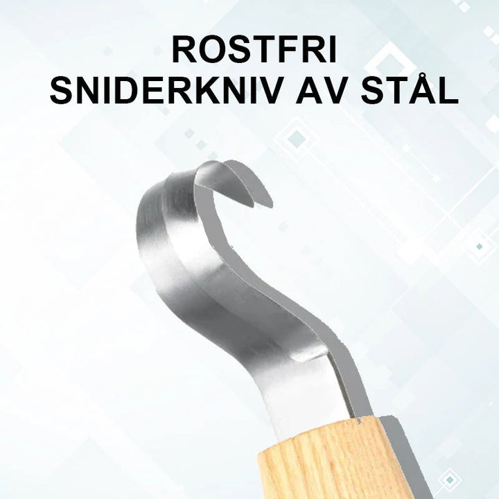 Ergonomisk böjd sniderkniv för träbearbetning, ultraskarpt krokslipat blad och ergonomiskt grepphandtag för precision.