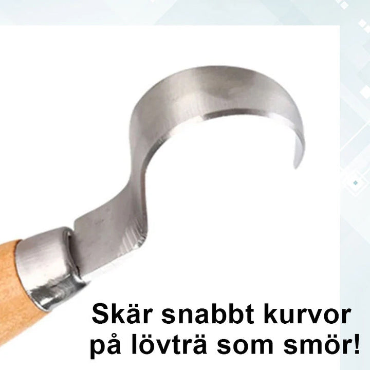 Ergonomisk böjd sniderkniv för träbearbetning, ultraskarpt krokslipat blad och ergonomiskt grepphandtag för precision.