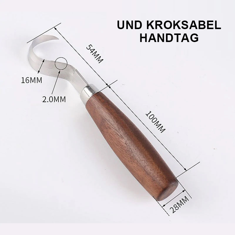 Ergonomisk böjd sniderkniv för träbearbetning, ultraskarpt krokslipat blad och ergonomiskt grepphandtag för precision.