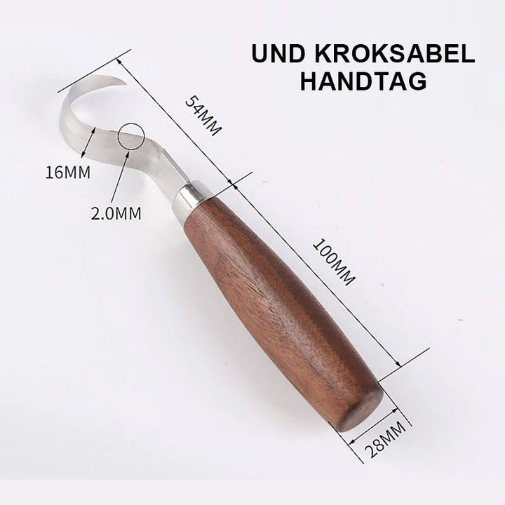 Ergonomisk böjd sniderkniv för träbearbetning, ultraskarpt krokslipat blad och ergonomiskt grepphandtag för precision.
