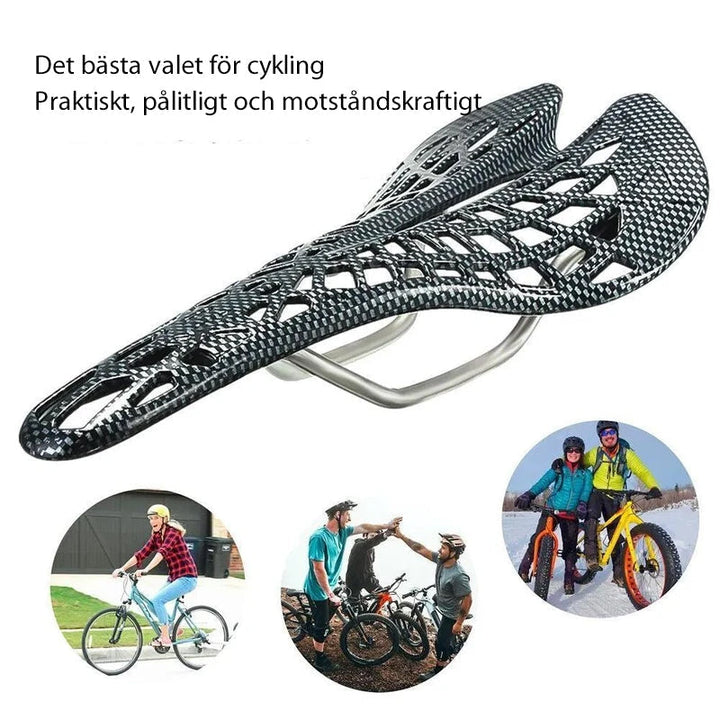 "Ergonomisk cykelsadel med fjädring i svart, med ventilerad och aerodynamisk design för optimal komfort och prestanda."