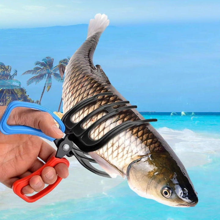 "Ergonomisk fisketång med blått och rött plasthandtag, perfekt för multianvändning vid fiske, robust och mångsidig."