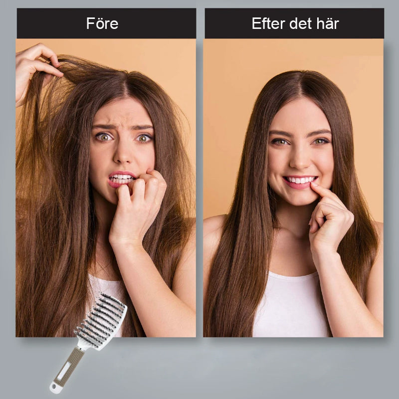 "Ergonomisk hårborste med nylonspetsar, svart handtag, designad för alla hårtyper, erbjuder smärtfri borstning."