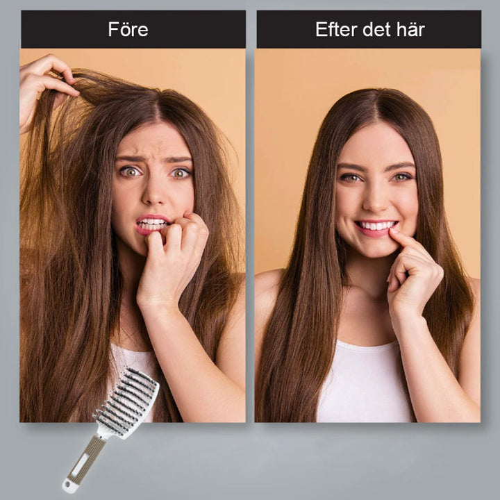 "Ergonomisk hårborste med nylonspetsar, svart handtag, designad för alla hårtyper, erbjuder smärtfri borstning."