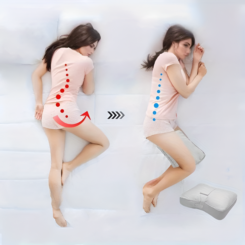 Knäkudde mellan benen, designad för sidosovare. Ergonomiskt stöd avlastar effektivt ryggsmärta och höftsmärta.