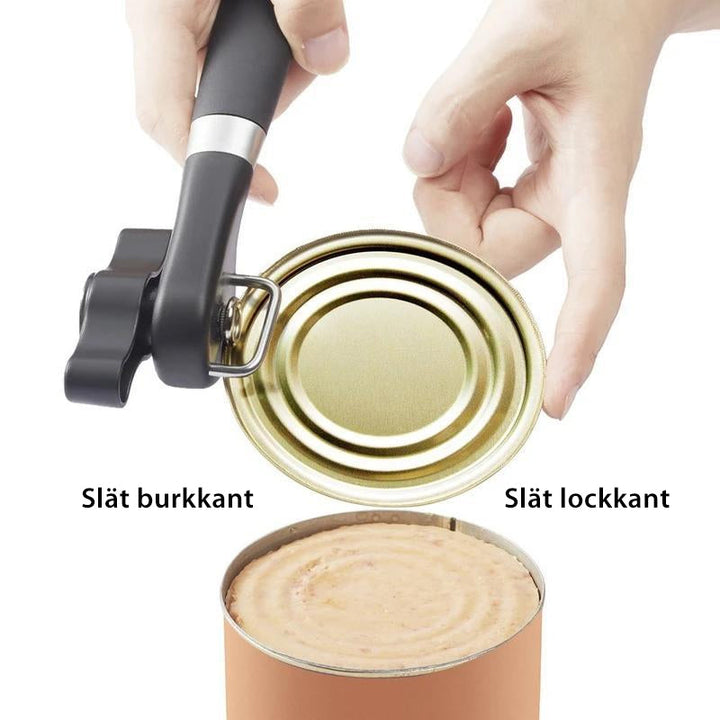 "Ergonomisk konservöppnare i rostfritt stål med långt handtag och släta kanter, idealisk för alla kök."