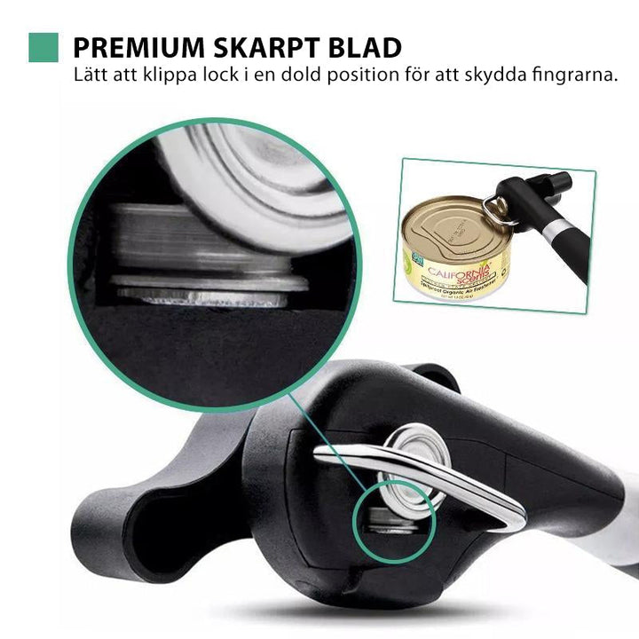 "Ergonomisk konservöppnare i rostfritt stål med långt handtag och släta kanter, idealisk för alla kök."