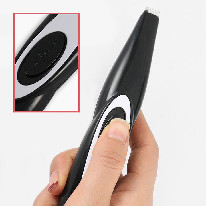 "Ergonomisk mini trimmer för husdjur, kompakt design i svart med säkerhetsblad, perfekt för svåråtkomliga områden."