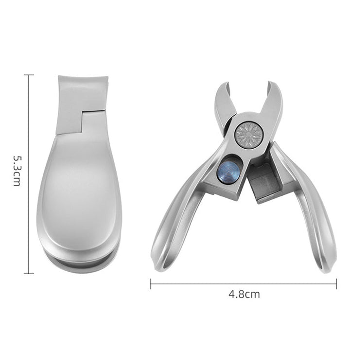 Ergonomisk nagelklippare i rostfritt stål med bred öppning och böjda blad, perfekt för tjocka naglar och säker klippning.