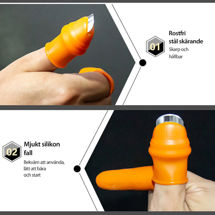 "Ergonomisk orange fingerkniv med rostfritt stålblad för effektiv grönsaksskörd i trädgården."