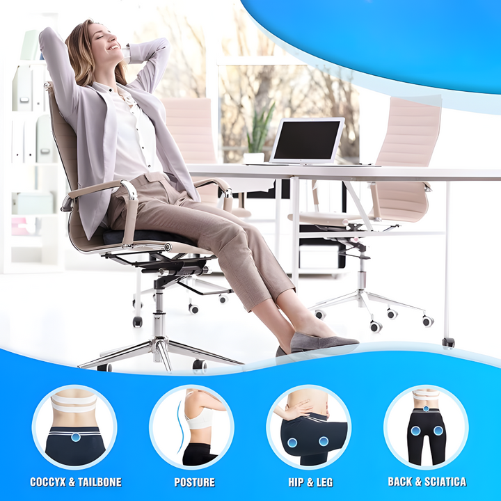 Ergonomisk sittkudde i memoryskum. Förbättrar hållning och ger ryggstöd på kontorsstolen.