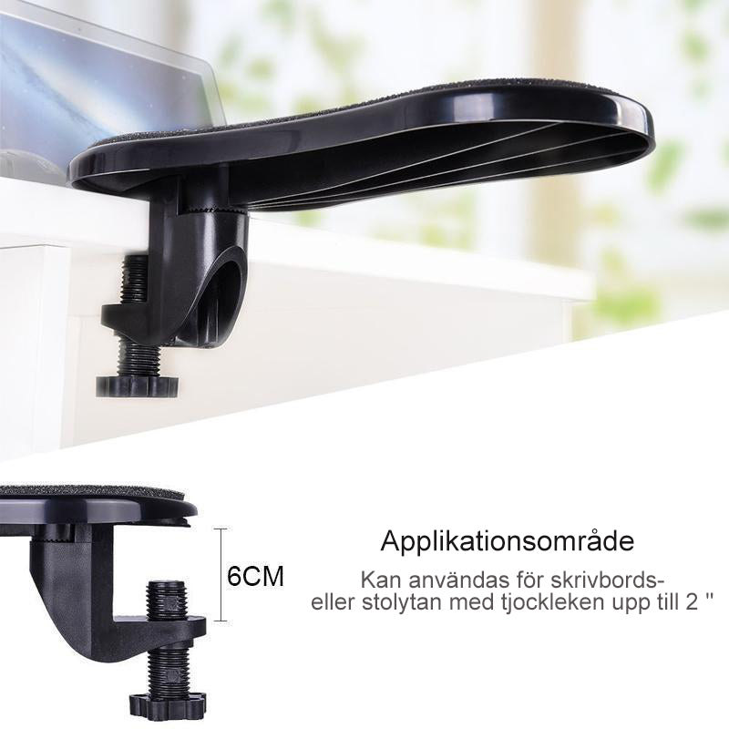 Ergonomiskt armstöd för skrivbord, svart, minskar belastning, förbättrar hållning vid datorarbete.