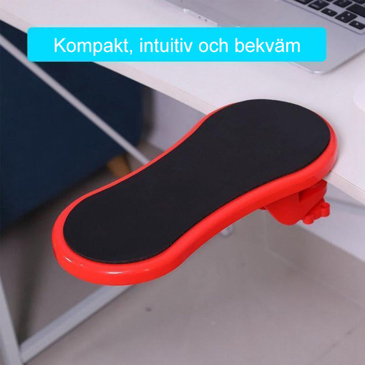 Armstöd fäst vid ett skrivbord, visar rotationsfunktionen.