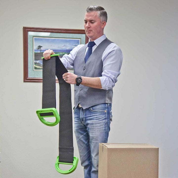 "Ergonomiskt, justerbart lyftbälte för tunga möbler, i slitstark nylon, svart färg, med breda remmar för bekvämt grepp."