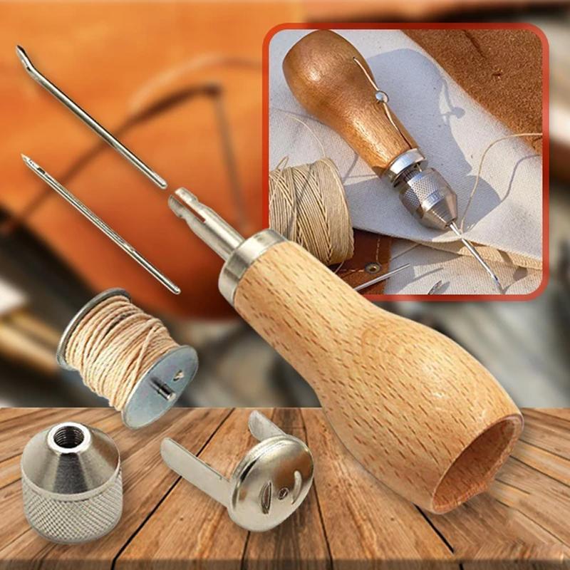 Ergonomiskt syttillbehör med lövträhandtag, perfekt för arbete med läder och tyg, ger komfort och precision.