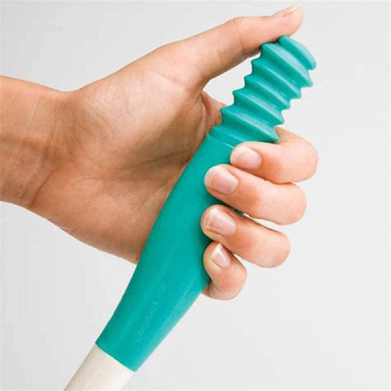Ergonomiskt toalettpappersverktyg i plast med gummitygnd, för lättare hygien vid begränsad rörlighet, sett på vit bakgrund.