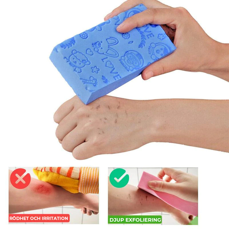 "Exfolierande unisex badsvamp för mjukare hud, i livfulla färger som blå och rosa, mot döda hudceller, maximerar mjukhet."