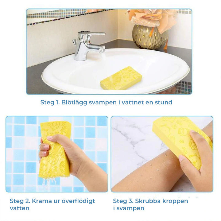 "Exfolierande unisex badsvamp för mjukare hud, i livfulla färger som blå och rosa, mot döda hudceller, maximerar mjukhet."