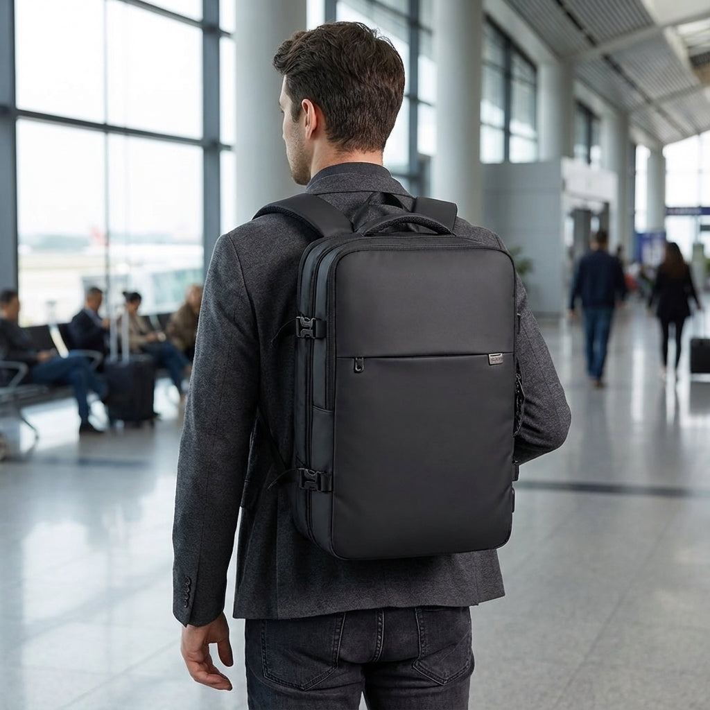 Expanderbar reseryggsäck för bekväma resor. Smart handbagage med säker förvaring.
