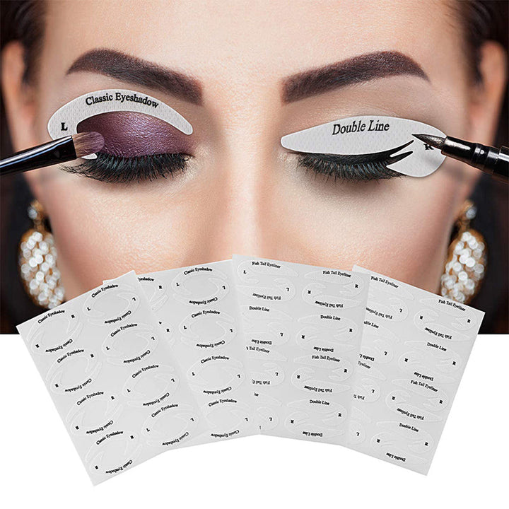 "Eyeliner och ögonskuggstenciler, fyra mallar på vit bakgrund för sminkstilar. Passar alla ögonformer."