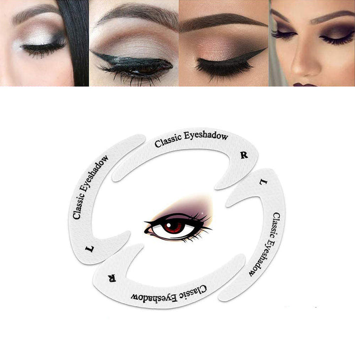 "Eyeliner och ögonskuggstenciler, fyra mallar på vit bakgrund för sminkstilar. Passar alla ögonformer."