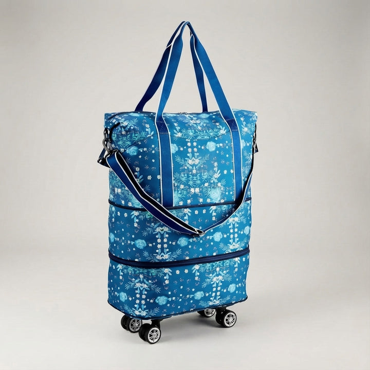 Detaljbild av fällbar reseduffel med hjul. Sidoåtkomst, polyester. Optimal som flexibel kabinväska & bagage.