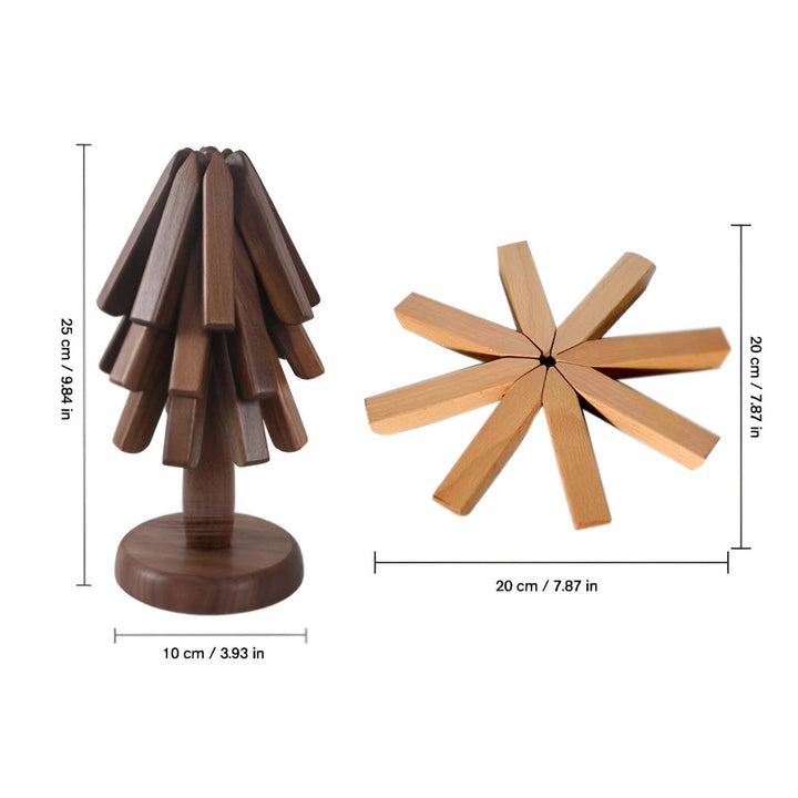 Fällbart träunderlägg med naturlig finish, perfekt för att skydda alla bordsytor.
