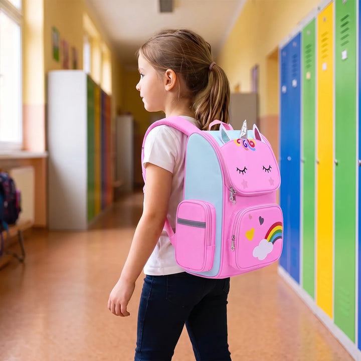 Färgglad barnryggsäck med enhörningsmotiv. Ergonomisk skolväska för grundskola, med reflexer.