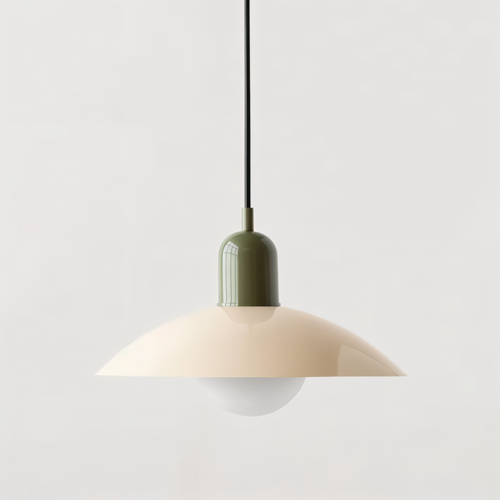 Designad LED-pendellampa, kupolformad och färgglad i Bauhaus-stil.