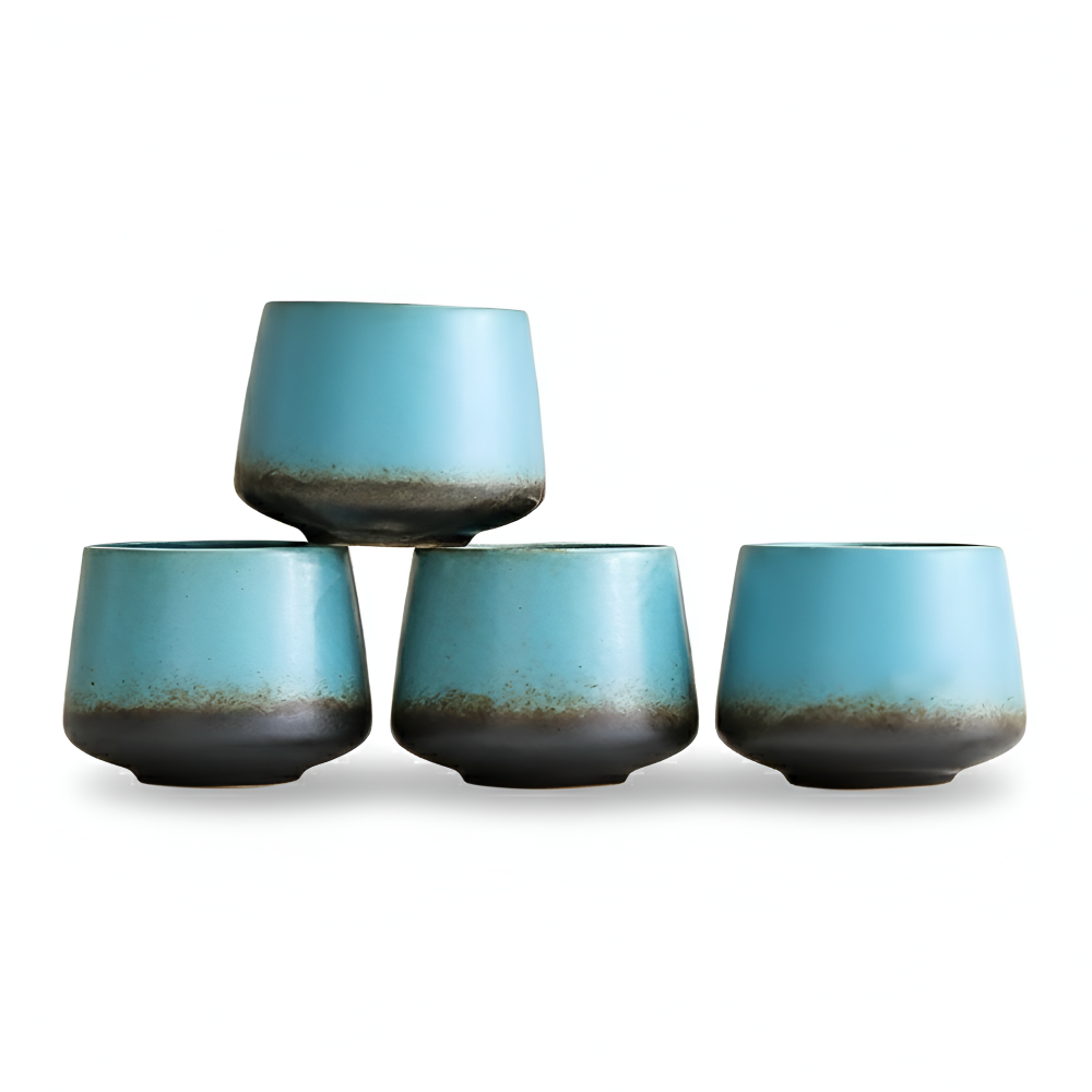 Unik design: handgjorda keramik kaffekoppar i vintage tie-dye. Ett färgstarkt 4-pack för heminredning.