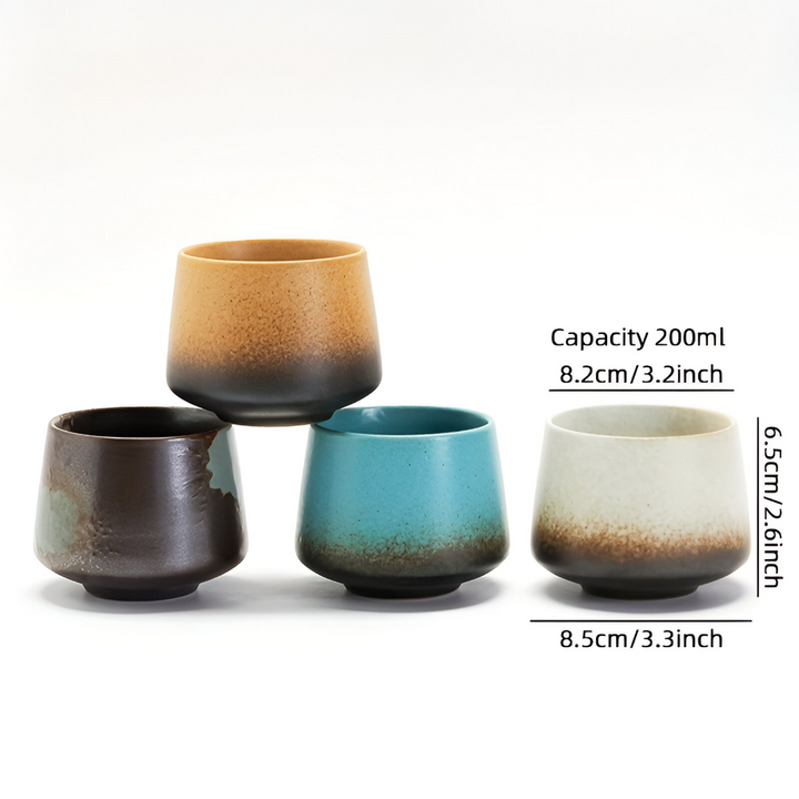 Färgrika, handgjorda keramik dryckeset. Unika vintage tie-dye kaffemuggar i ett hållbart 4-pack, 210ml.