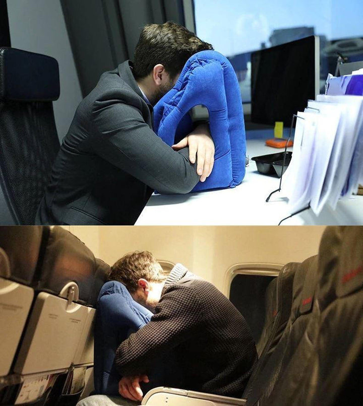 Man som sover bekvämt med den uppblåsbara resekudden på kontoret och i flygplan