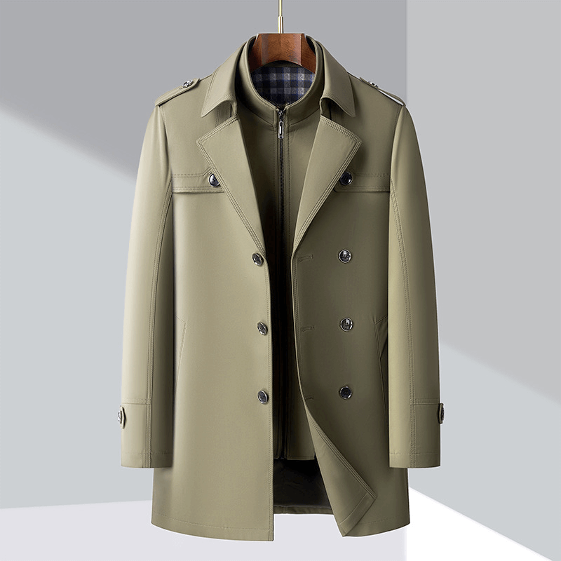 Khakifärgad dubbelknäppt trenchcoat med epåletter för män