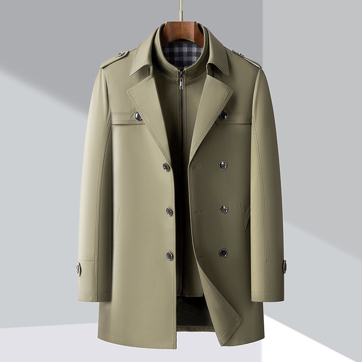 Khakifärgad dubbelknäppt trenchcoat med epåletter för män