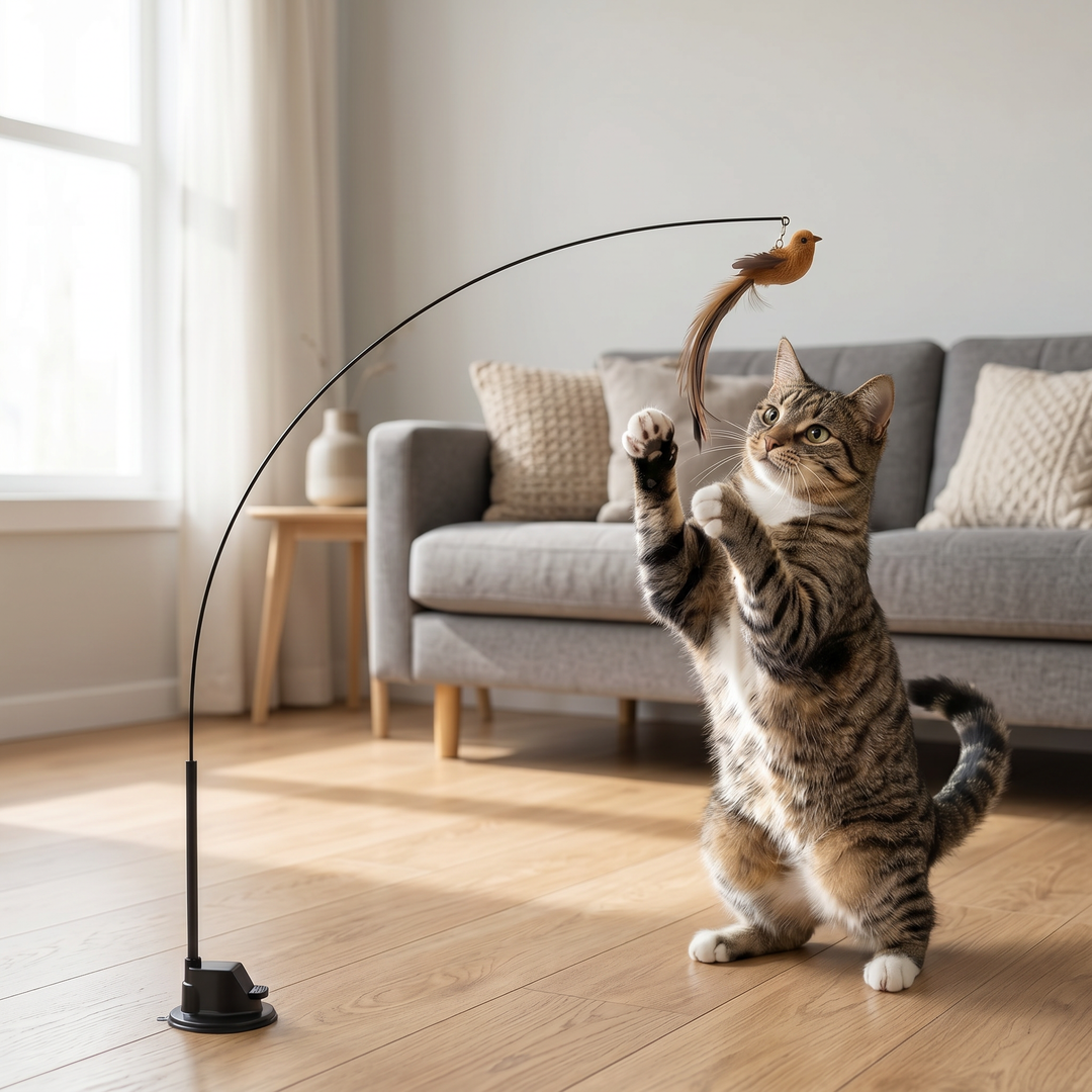 Katt som leker med Zvarelo fågelbåge i vardagsrummet