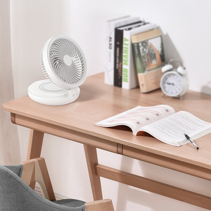 "Fällbar skrivbordsfläkt med nattljusfunktion, grå eller vit, modern design för arbets- eller sovrum."
