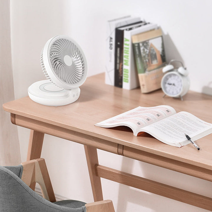 "Fällbar skrivbordsfläkt med nattljusfunktion, grå eller vit, modern design för arbets- eller sovrum."