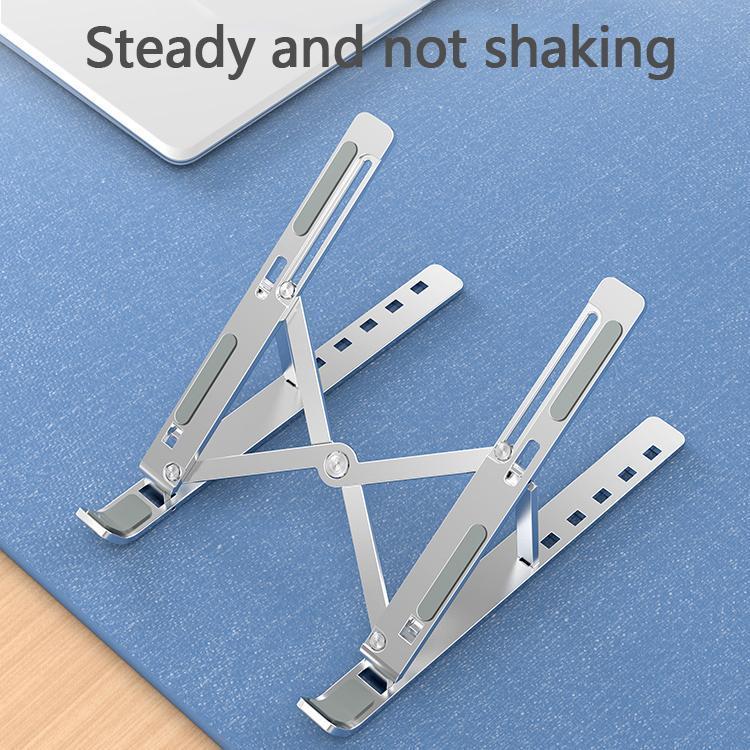 "Fällbart laptop-stativ av stilrent aluminium med justerbara höjder, lätt design och silikonhalkskydd för ergonomic användnin