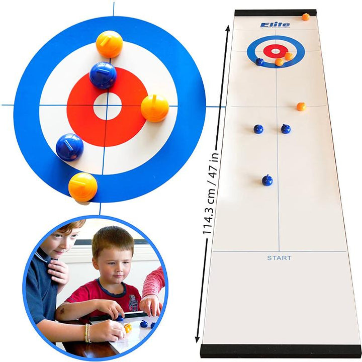 "Familjevänligt bordscurlingspel med slät isliknande yta, uppställd spelplan och färgglada curlingstenar"