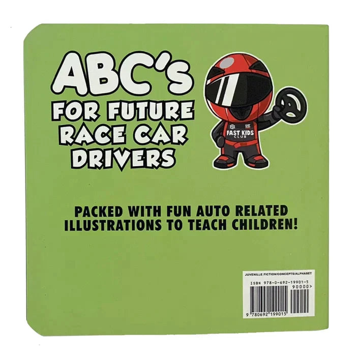 "Färgglad ABC-bok för barn med racingtema, illustrerad för att kombinera bilintresse med bokstavslärande."